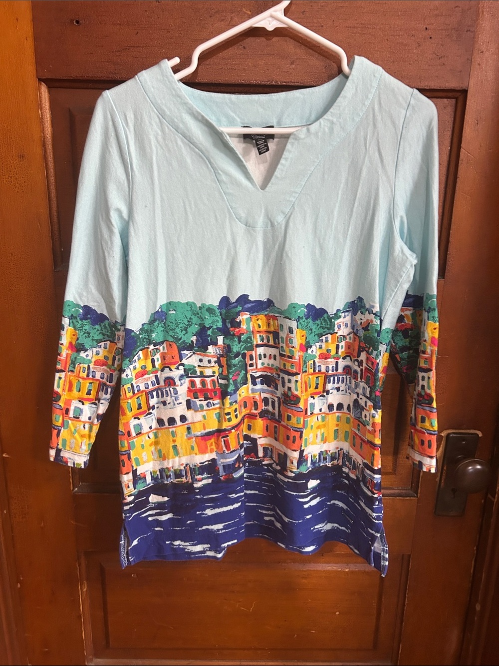 Jones New York Light Blue Long-Sleeve Top with Coastal Village Print